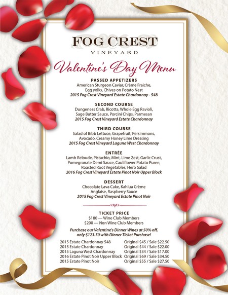 Valentine's Day Dinner Fog Crest Vineyard