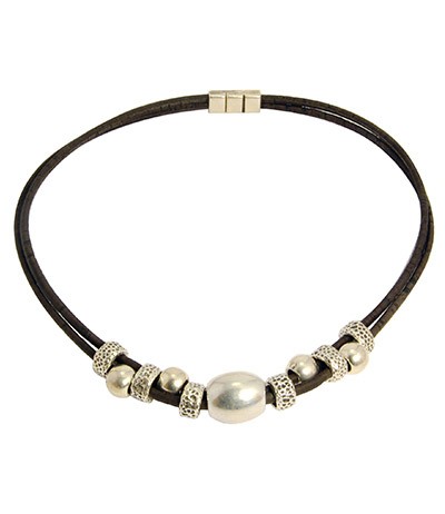 Cork Black Necklace w/ Silver Tone Beads